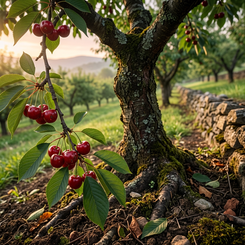 Tart cherries growing in a golden-lit orchard