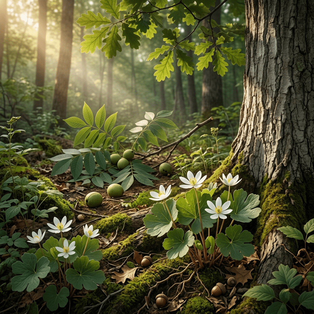 Bloodroot, walnut, and white oak in a golden-lit grove