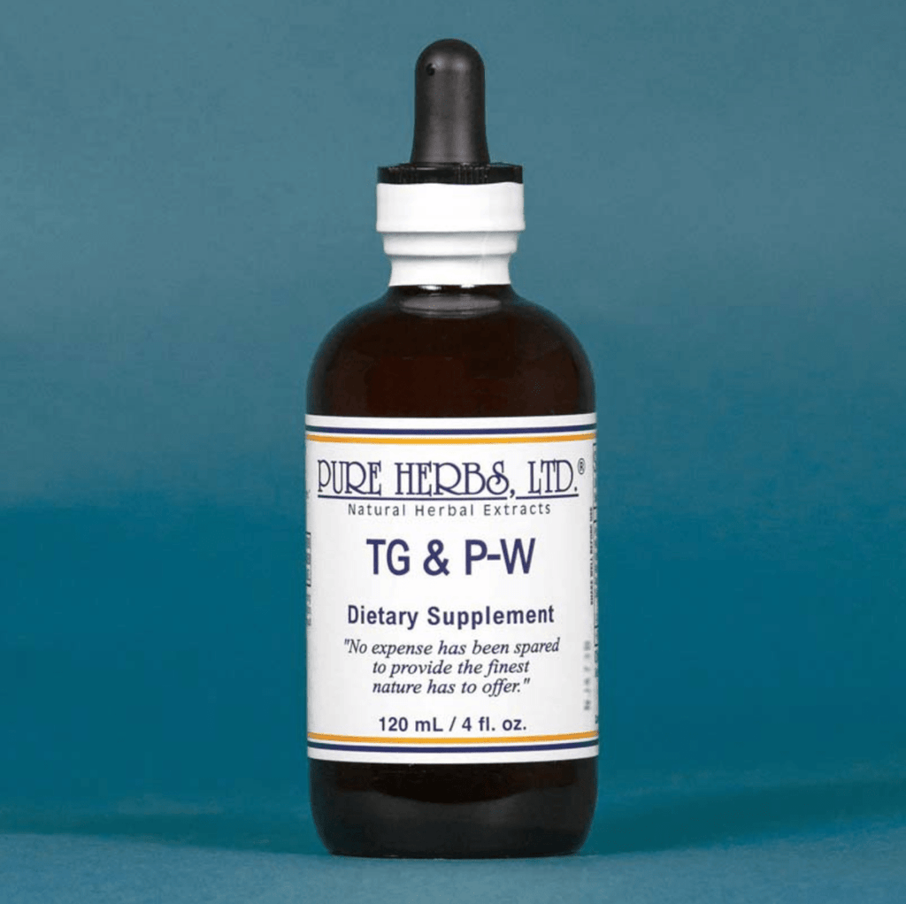 A 120 mL amber glass dropper bottle of Pure Herbs, Ltd. TG & P-W dietary supplement, set against a solid slate blue background.