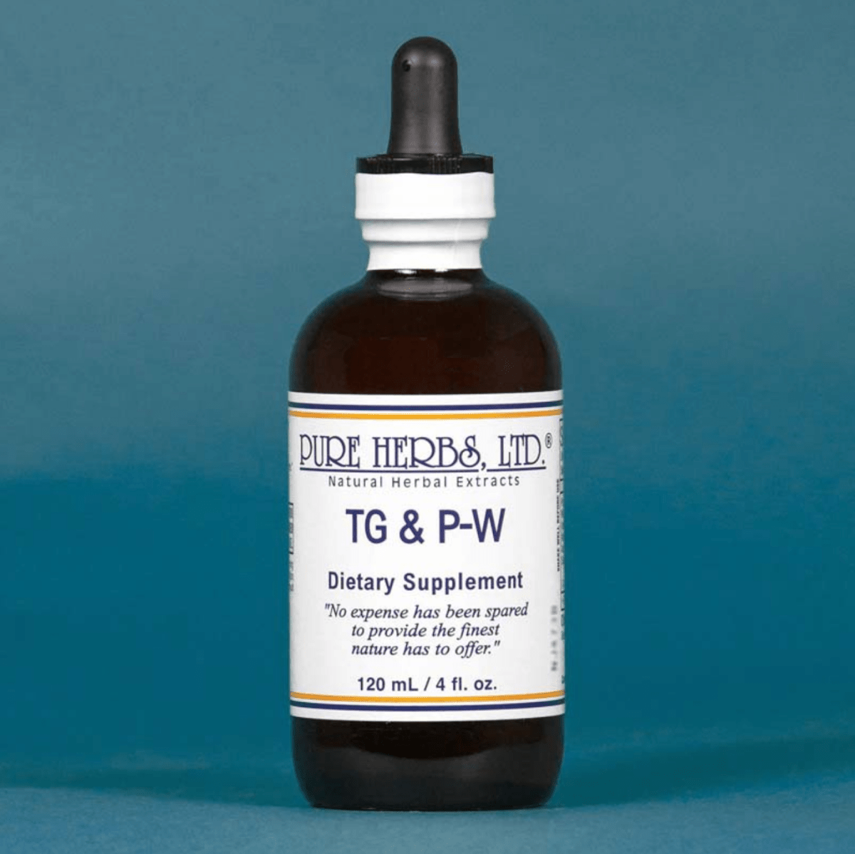 A 120 mL amber glass dropper bottle of Pure Herbs, Ltd. TG & P-W dietary supplement, set against a solid slate blue background.