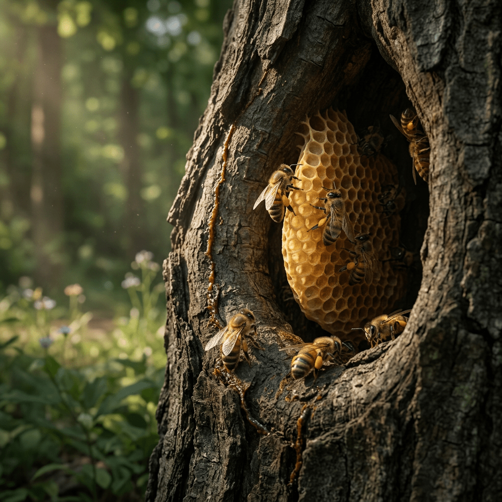 Honeybees at a natural woodland hive