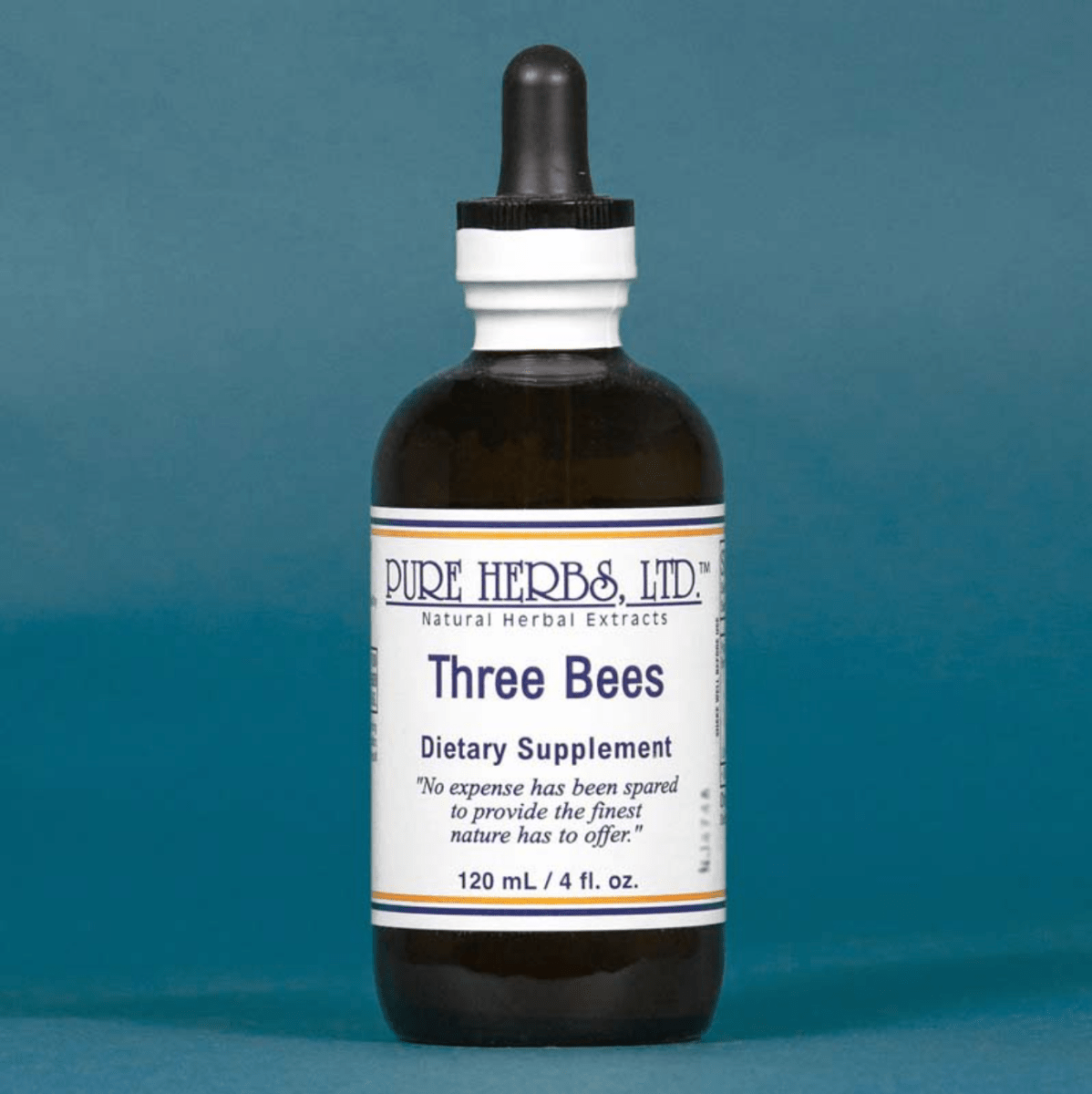A 120 mL amber glass dropper bottle of Pure Herbs Ltd. 'Three Bees' dietary supplement, set against a solid slate blue background.