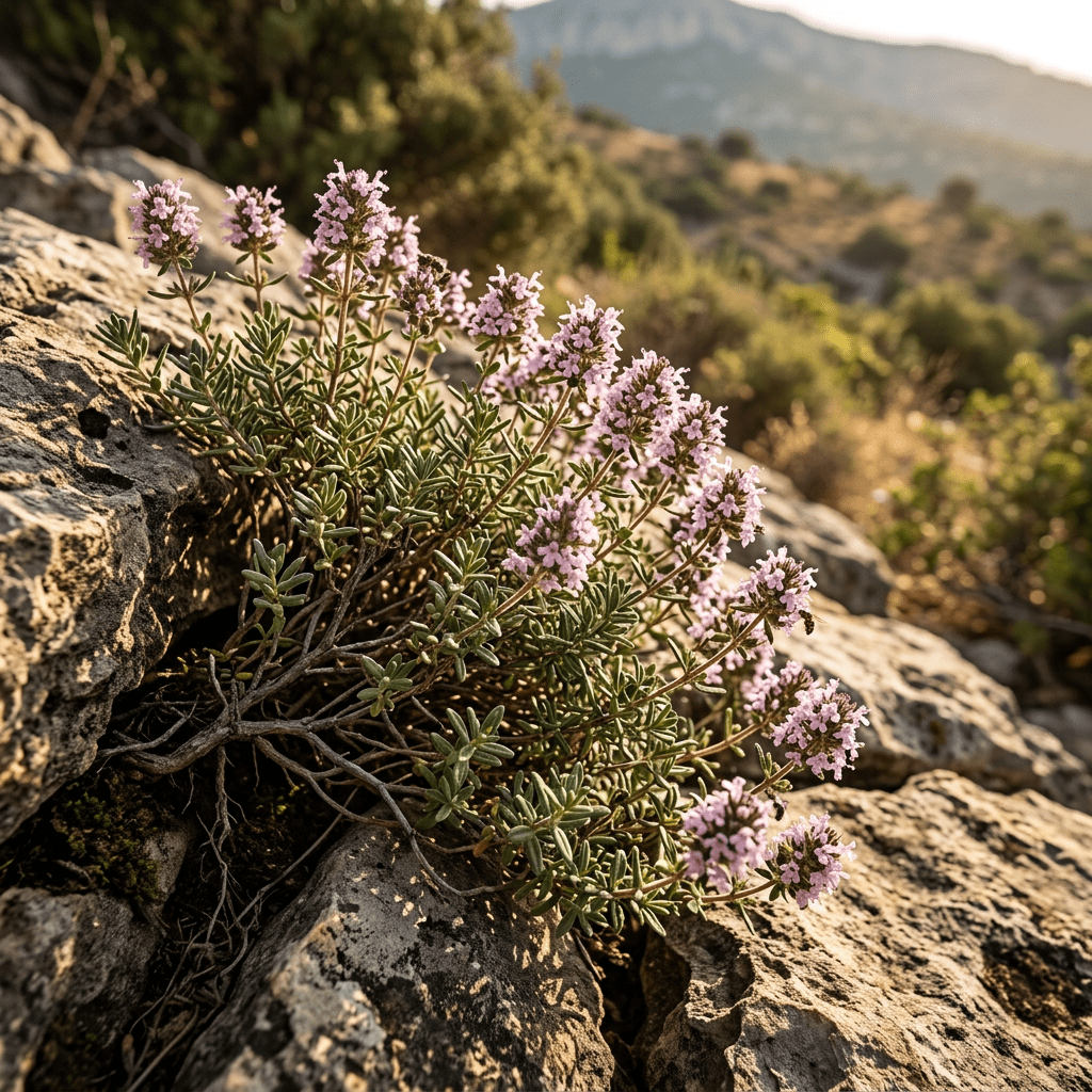 Thyme growing among Mediterranean limestone ledges