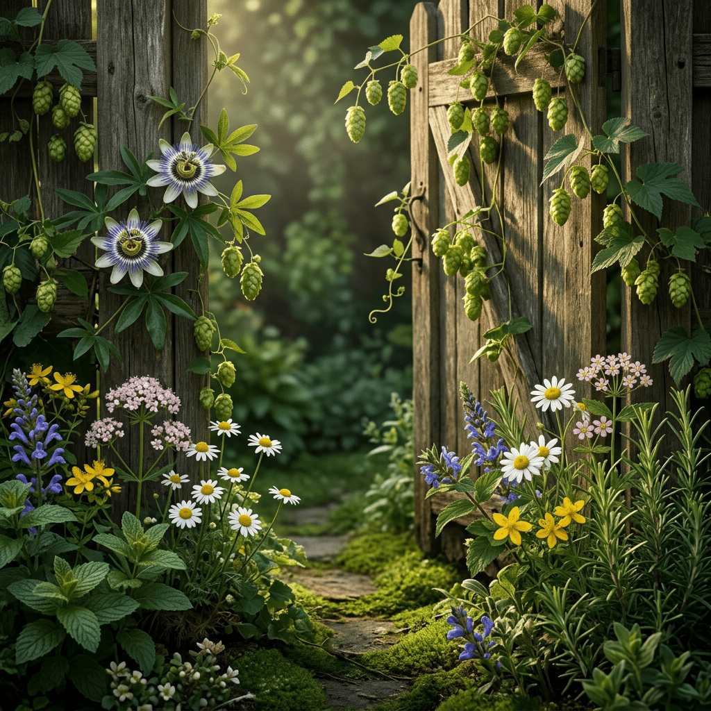 TRQ-RH-inspired botanicals around a vine-covered garden gate