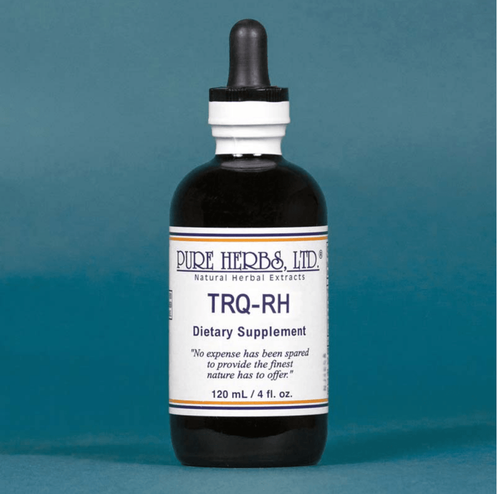 A 120 mL amber glass dropper bottle of Pure Herbs, Ltd. TRQ-RH dietary supplement, set against a solid teal-blue background.