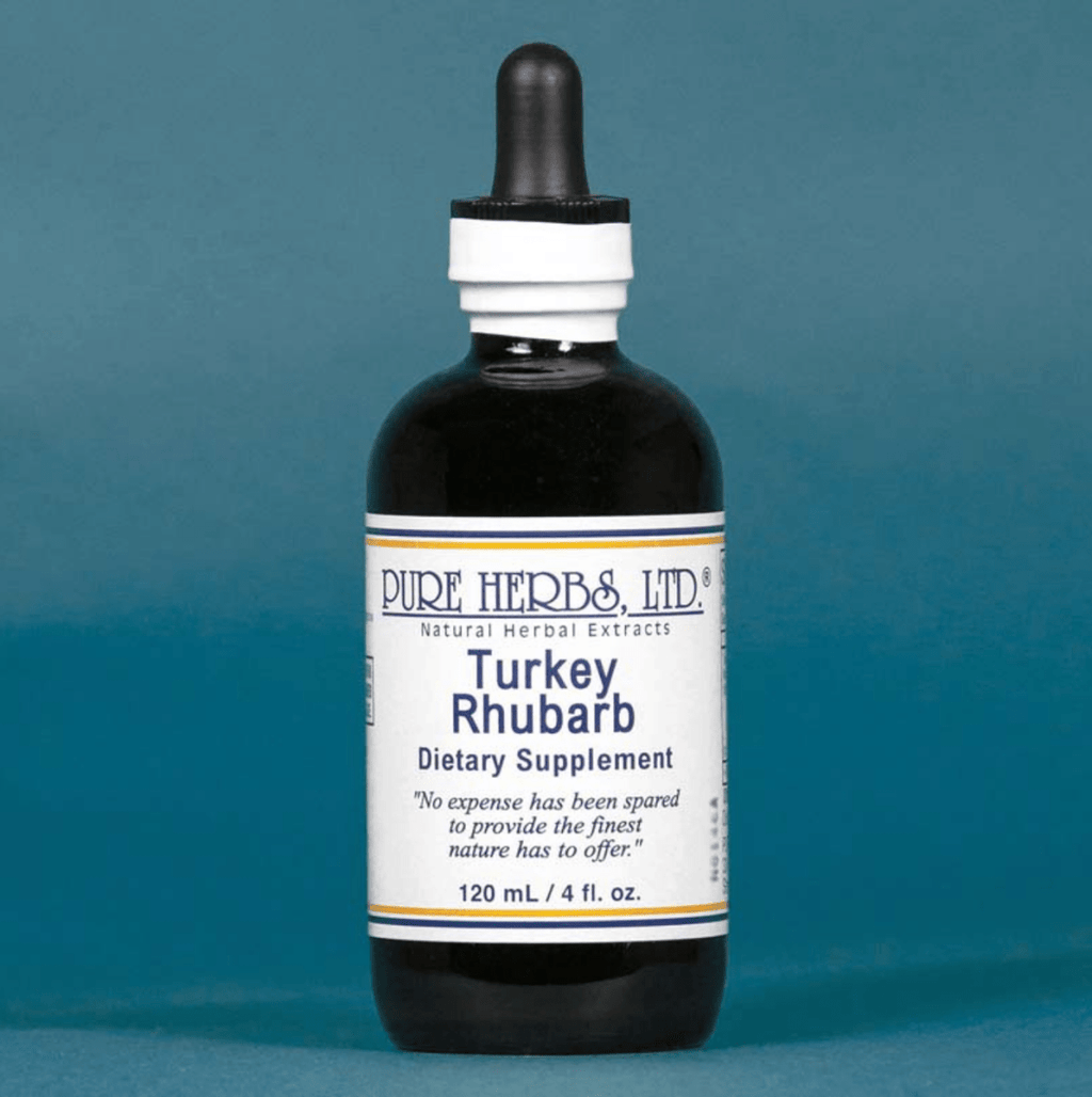 A bottle of Pure Herbs Ltd. Turkey Rhubarb dietary supplement, featuring a dark amber glass bottle with a black dropper cap and a white label, set against a solid blue background.
