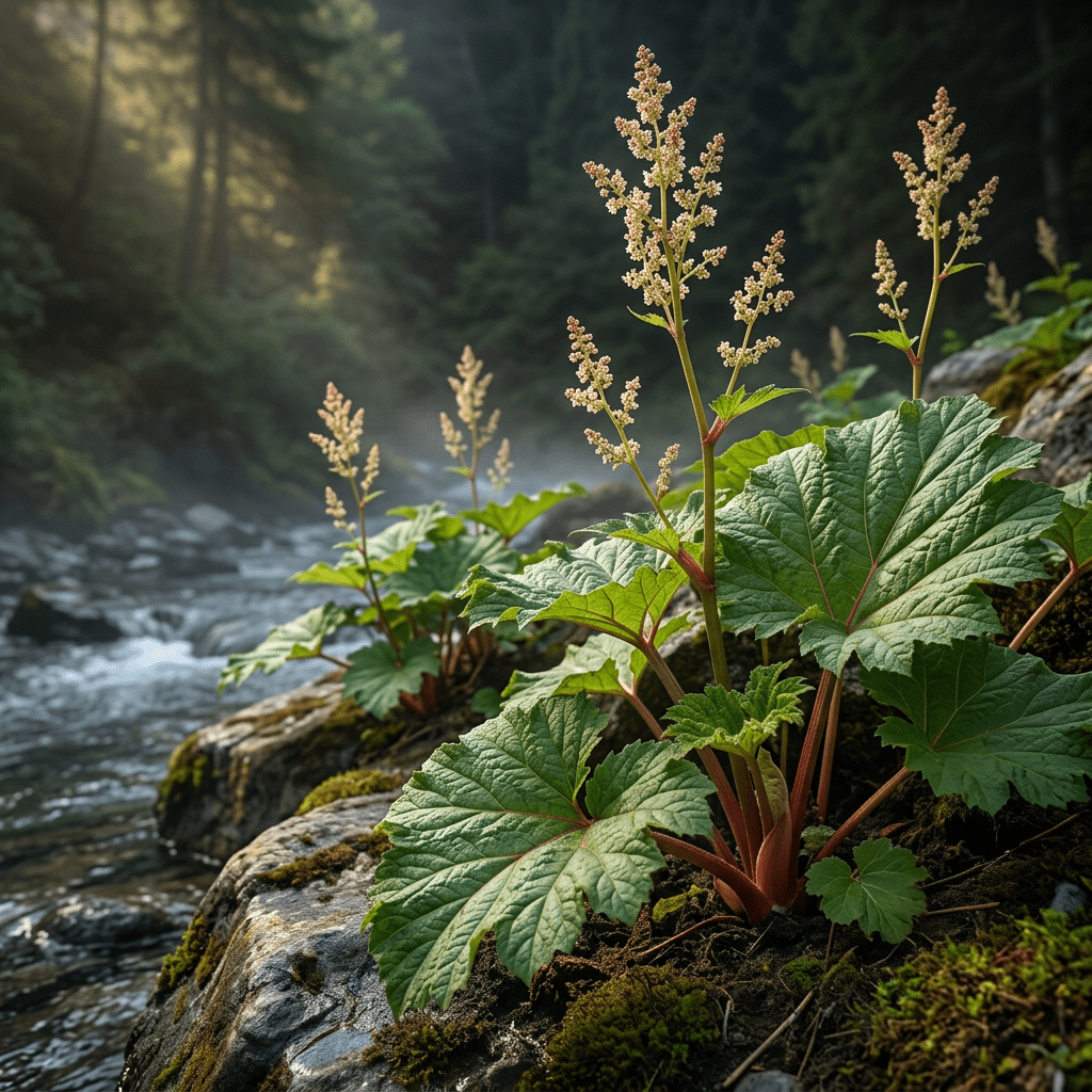 Turkey rhubarb growing beside a misty mountain stream