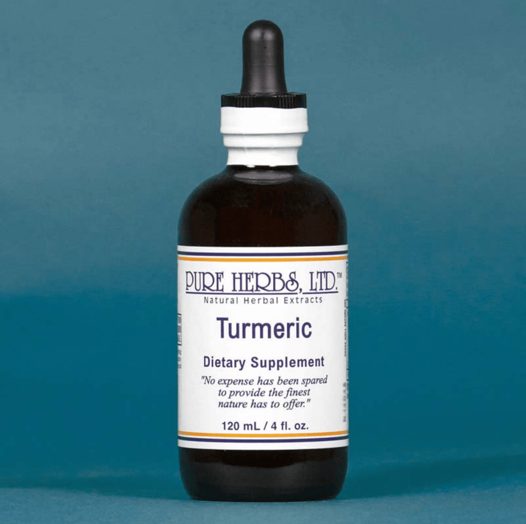 A 120 mL amber glass dropper bottle of Pure Herbs Ltd. Turmeric dietary supplement, featuring a white label with blue text and a black dropper cap, set against a solid blue background.