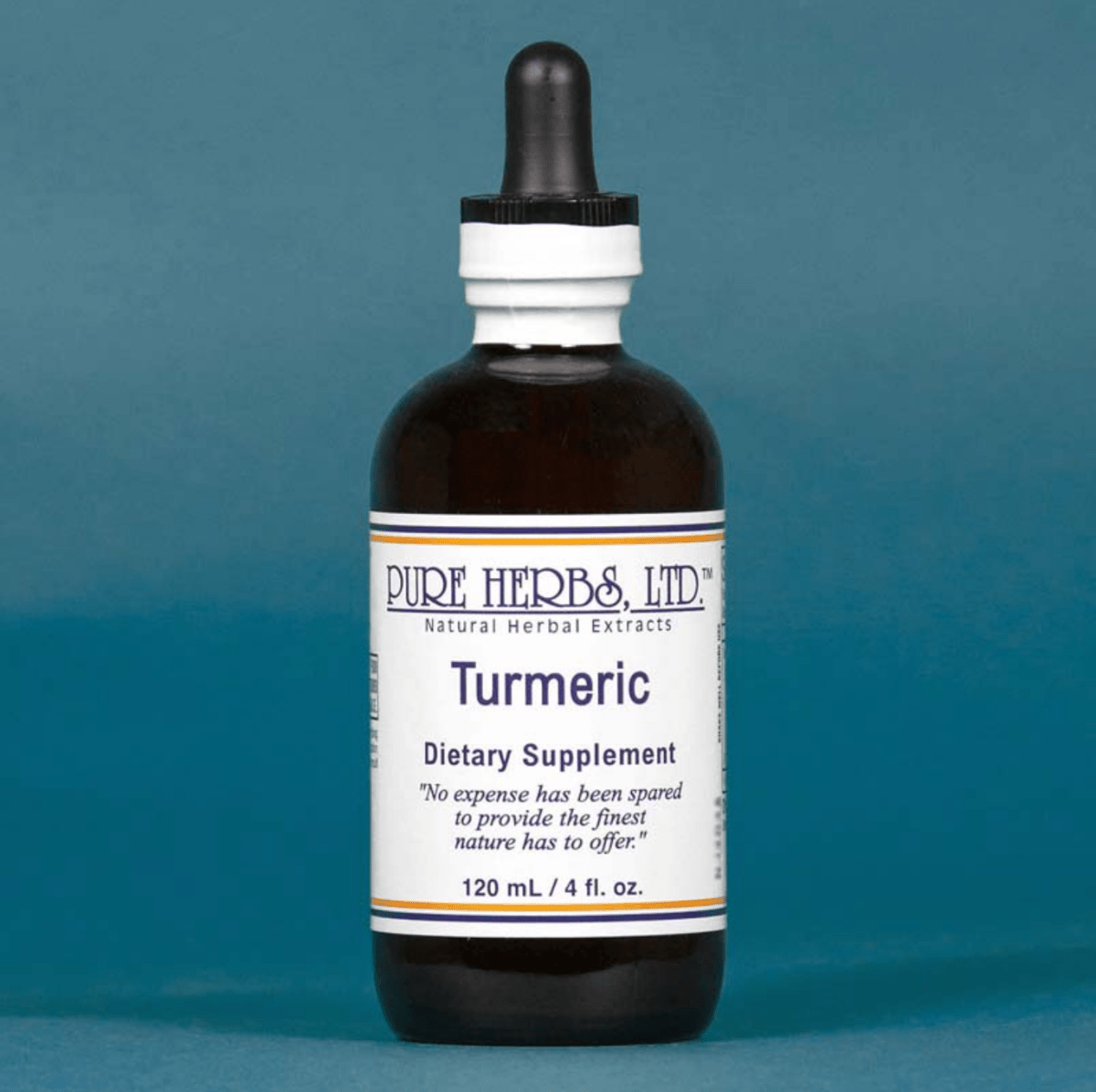 A 120 mL amber glass dropper bottle of Pure Herbs Ltd. Turmeric dietary supplement, featuring a white label with blue text and a black dropper cap, set against a solid blue background.