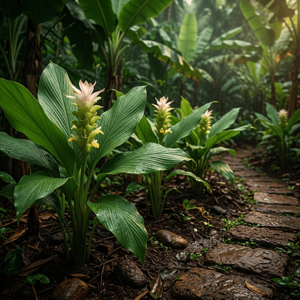 Turmeric growing beside a rain-darkened garden path