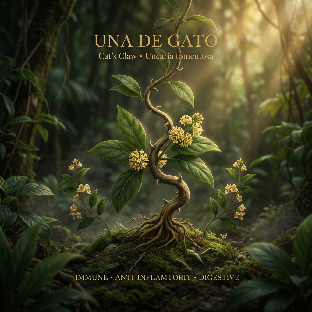 Cat’s claw editorial image in a golden-lit rainforest setting