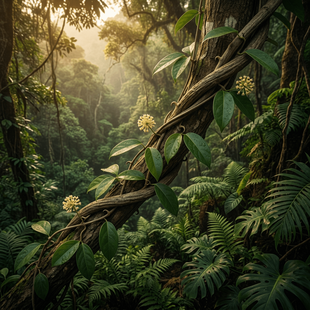 Cat’s claw climbing through a moody rainforest canopy