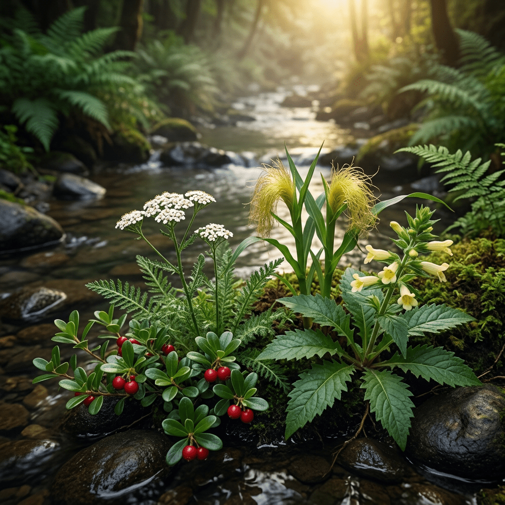 UR-W botanicals beside a golden-lit woodland stream