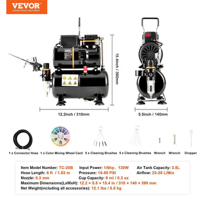 VEVOR Airbrush Kit: 3.5L Dual Fan Compressor, 0.3mm Tip, FDA Safe for Art & Makeup