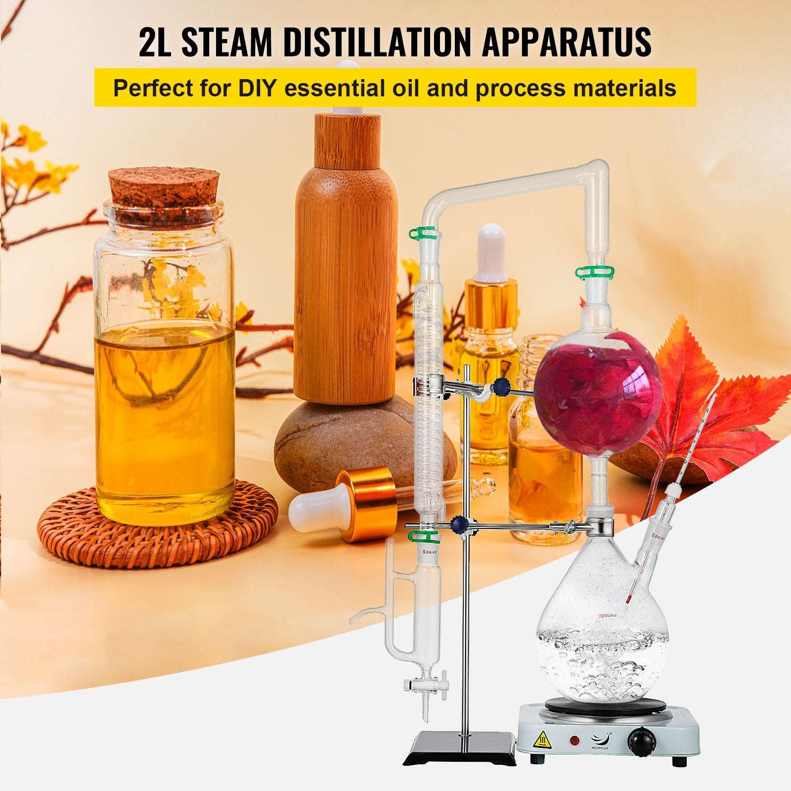 VEVOR 2L Essential Oil Distillation Kit with Hot Stove Condenser for Home and Lab Use