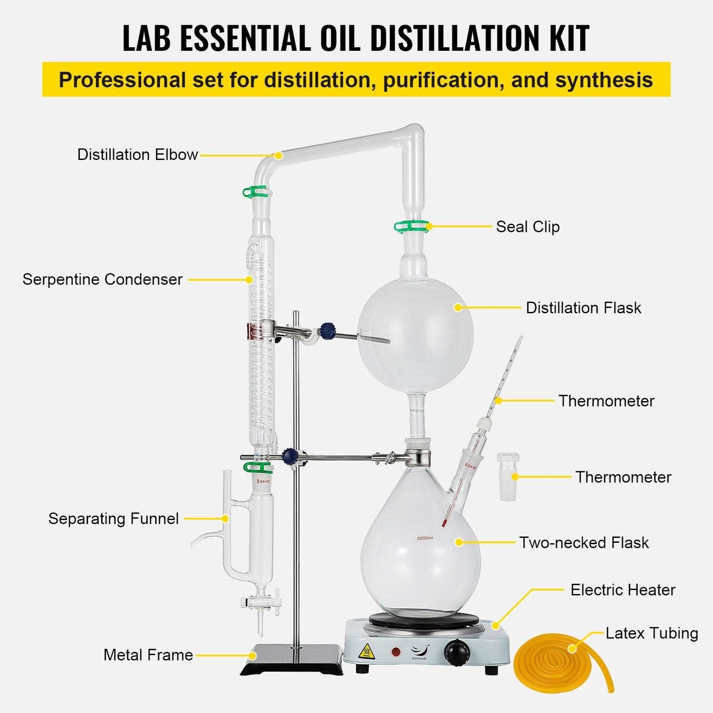 VEVOR 2L Essential Oil Distillation Kit with Hot Stove Condenser for Home and Lab Use