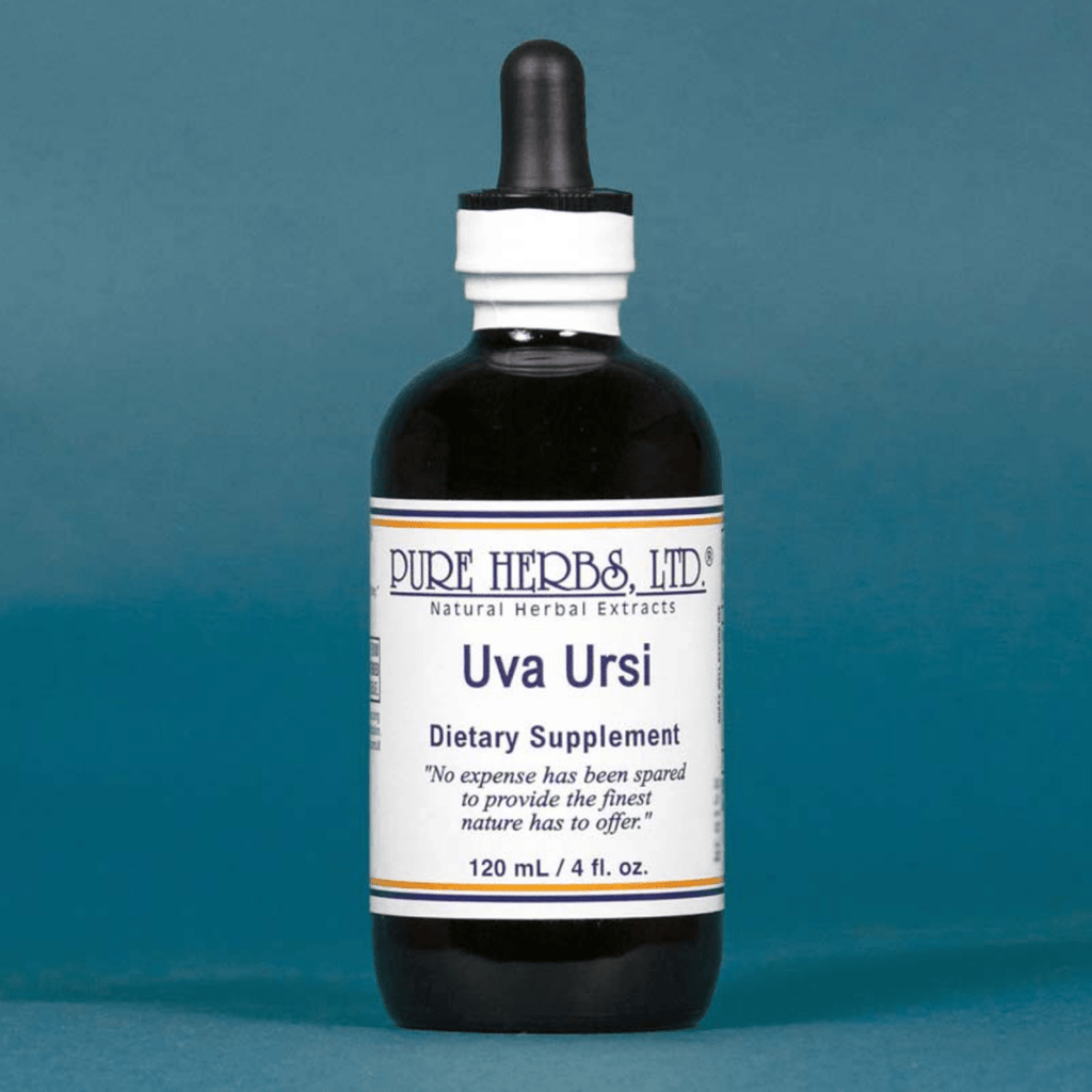 A 120 mL amber glass dropper bottle of Pure Herbs, Ltd. Uva Ursi dietary supplement, featuring a white label and black dropper cap, set against a solid teal-blue background.
