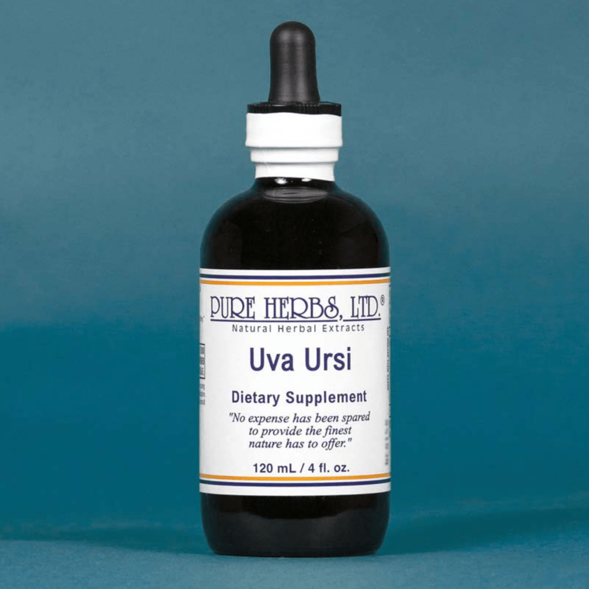 A 120 mL amber glass dropper bottle of Pure Herbs, Ltd. Uva Ursi dietary supplement, featuring a white label and black dropper cap, set against a solid teal-blue background.