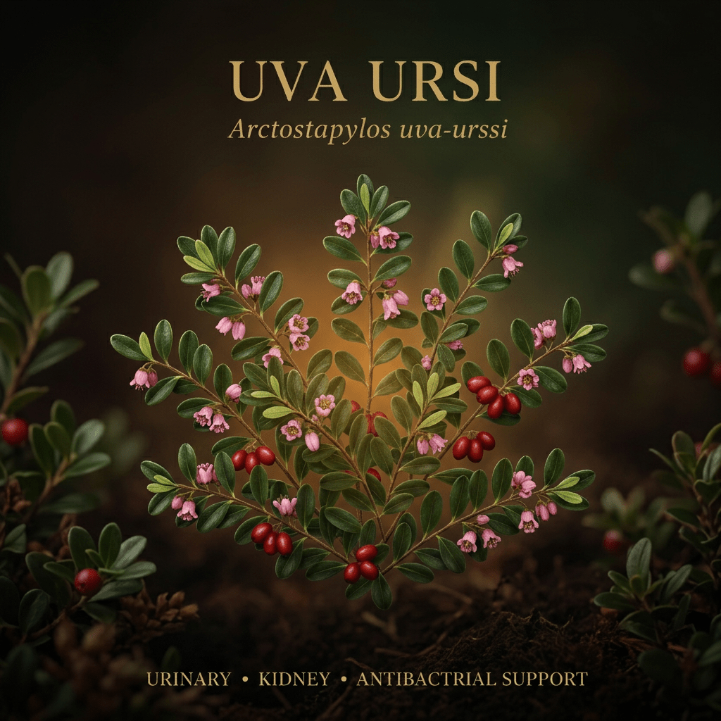 Uva ursi botanical editorial image with gold serif text