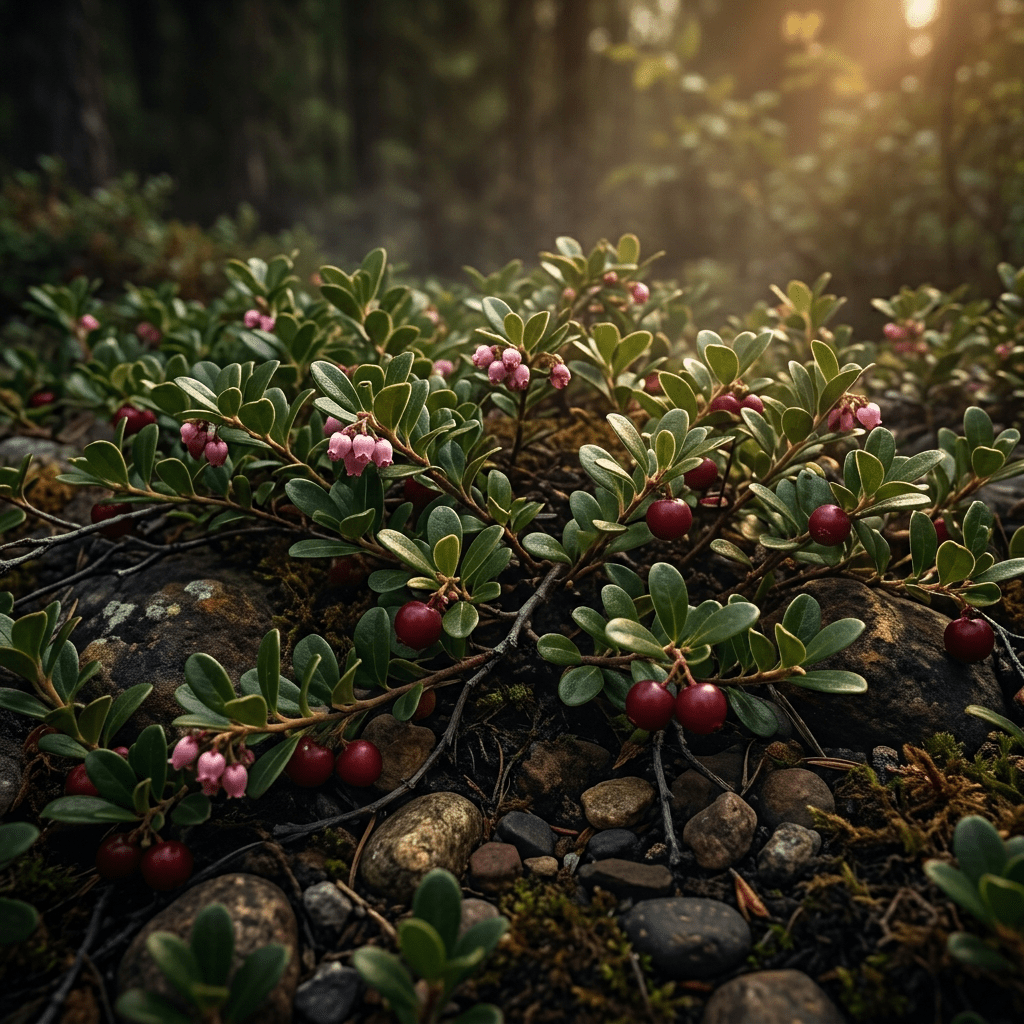 Uva ursi growing naturally on a moody woodland floor