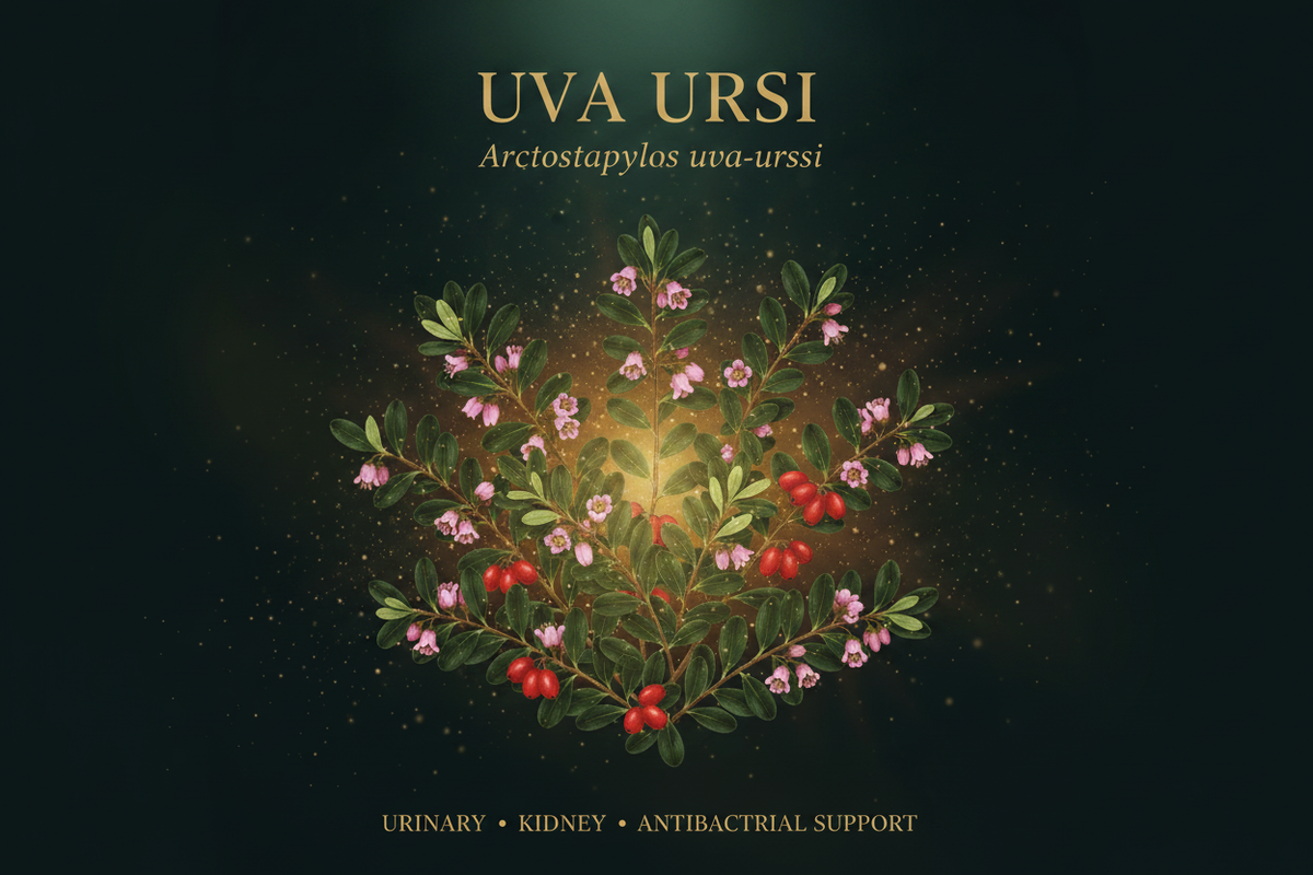 A square botanical-style product graphic with the text 'UVA URSI' at the top and 'URINARY • KIDNEY • ANTIBACTERAL SUPPORT' at the bottom. The center shows a symmetrical arrangement of green leaves, pink flowers, and red berries on a dark background with a glowing golden center.