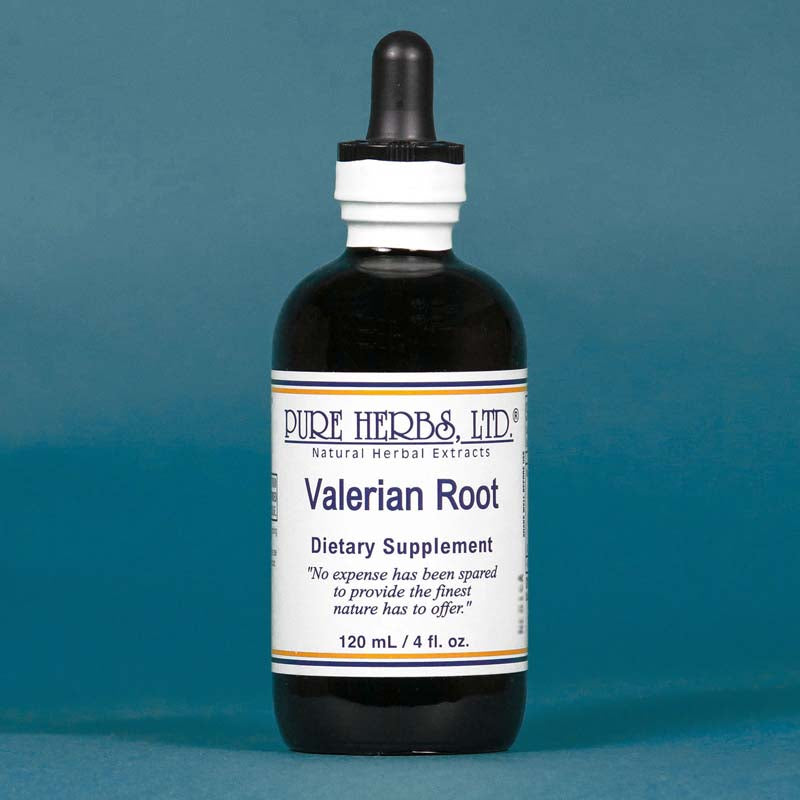 A 120 mL dark amber glass dropper bottle of Pure Herbs Ltd. Valerian Root dietary supplement, featuring a white label with blue text and a black dropper cap, set against a solid teal-blue background.
