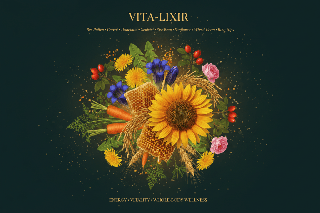 Vita-Lixir (Bee Pollen, Carrot Root, Dandelion Leaf, Gentian, Rice Bran, Sunflower Seed, Wheat Germ, Wild Rose Hips), Tincture, Futures ETC