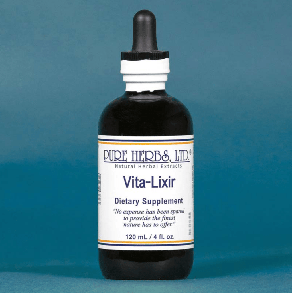 A dark amber glass dropper bottle of Pure Herbs Ltd. Vita-Lixir dietary supplement, featuring a white label with blue and orange text, set against a solid teal-blue background.