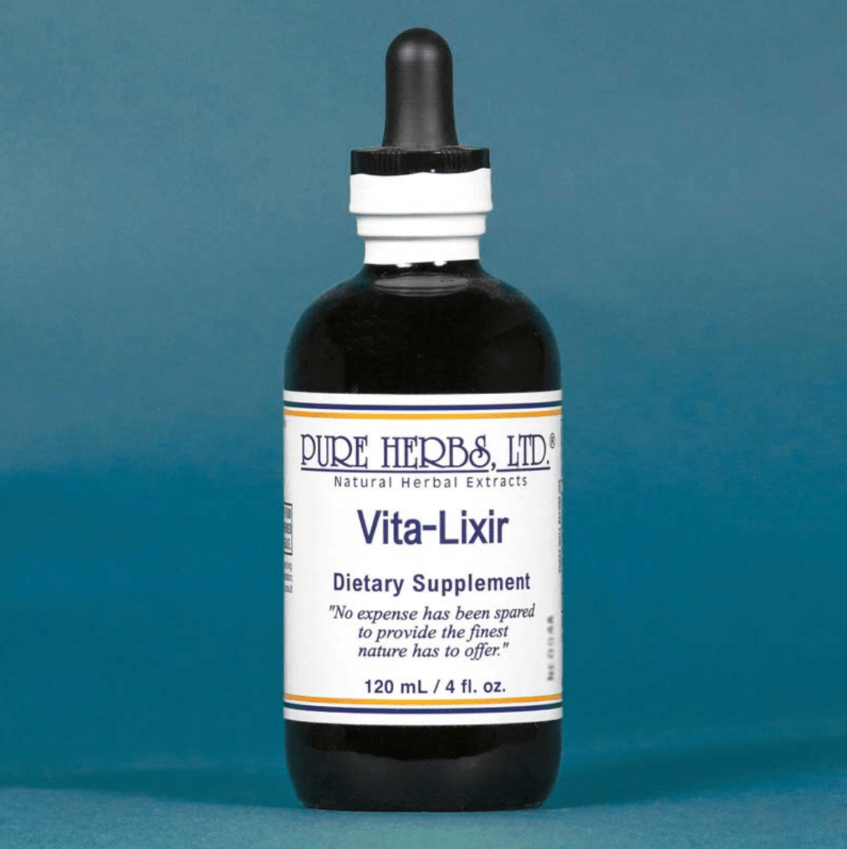 A dark amber glass dropper bottle of Pure Herbs Ltd. Vita-Lixir dietary supplement, featuring a white label with blue and orange text, set against a solid teal-blue background.