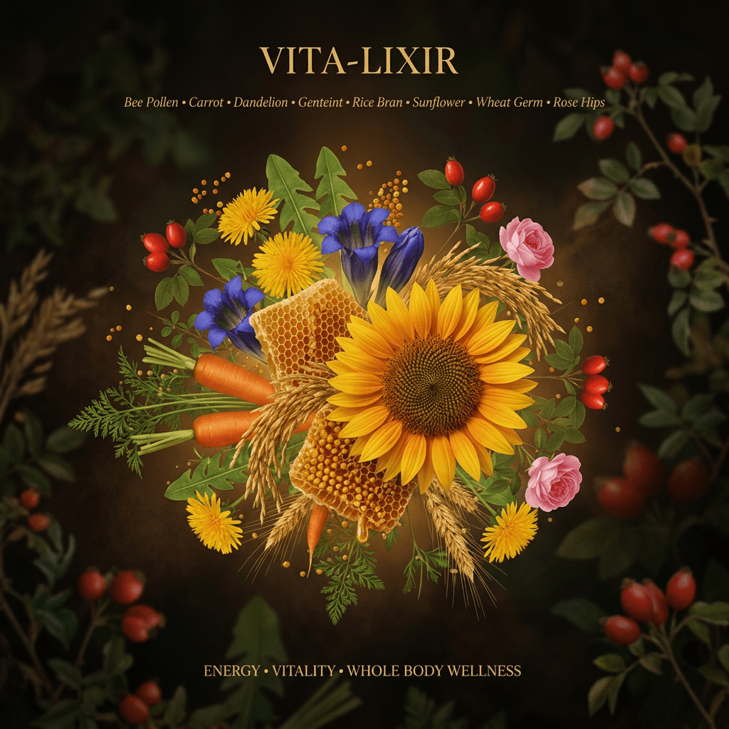 Vita-Lixir botanical editorial image with gold serif text