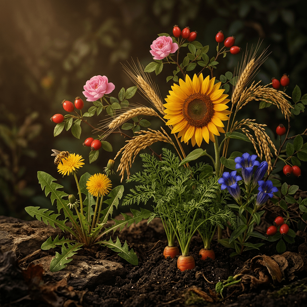 Vita-Lixir botanicals combined in a moody garden scene