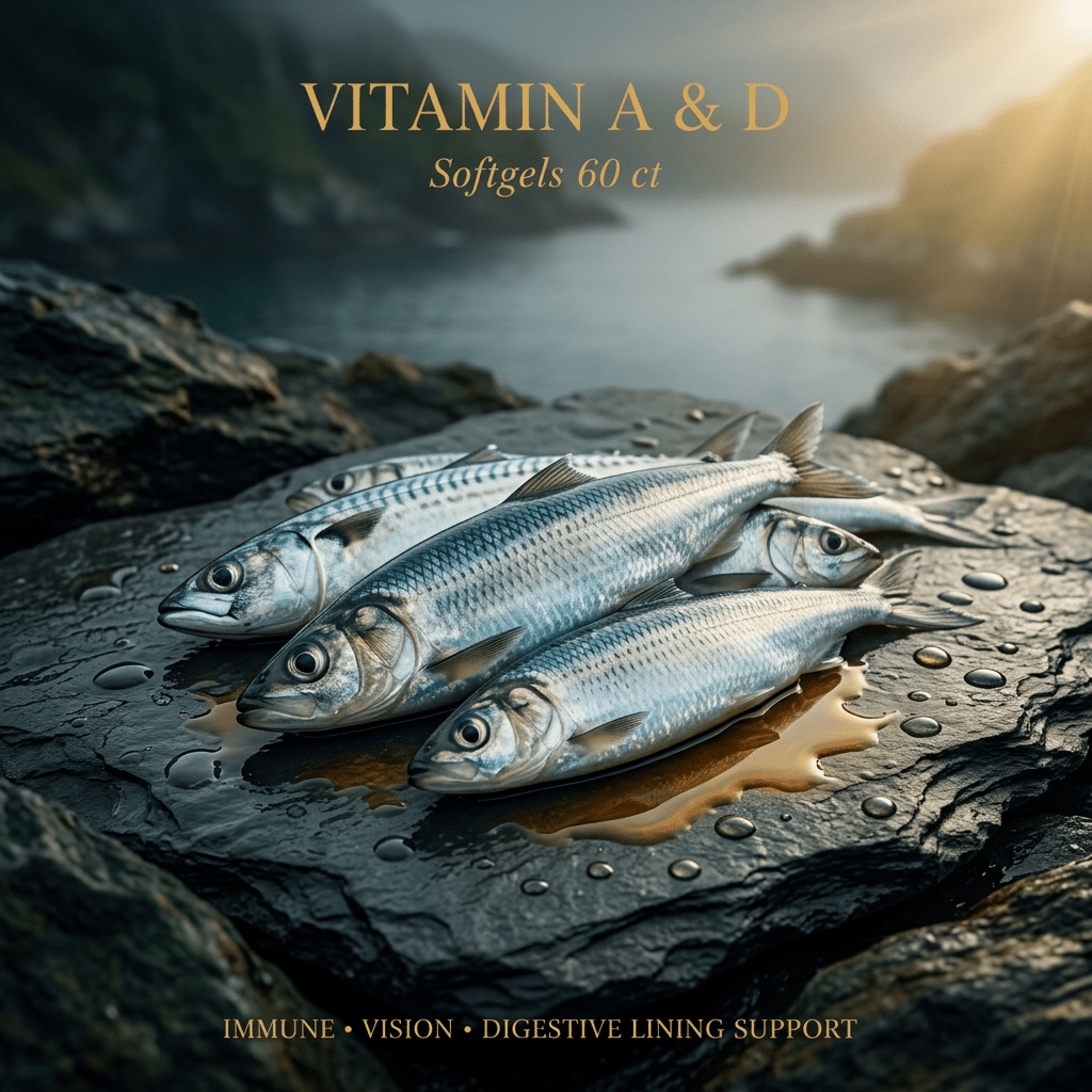 Vitamin A and D editorial image with a fish-oil-inspired coastal feel
