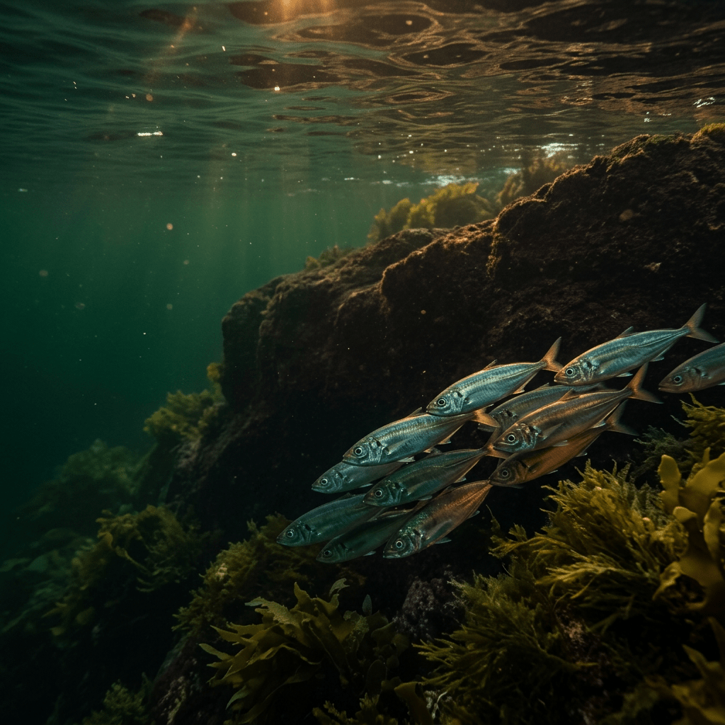 Silvery fish swimming through golden coastal light