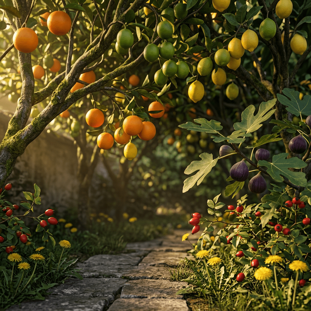 Citrus and figs growing in a golden-lit garden