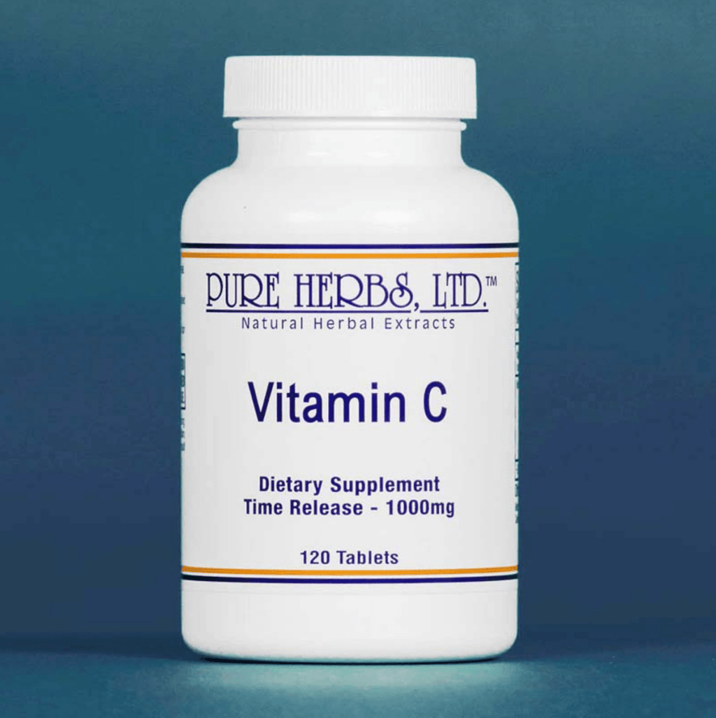 Bottle of Pure Herbs Vitamin C supplement on a blue background