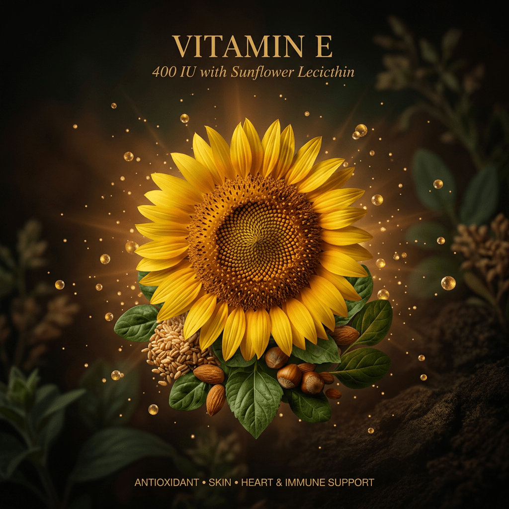 Vitamin E sunflower editorial image with gold serif text