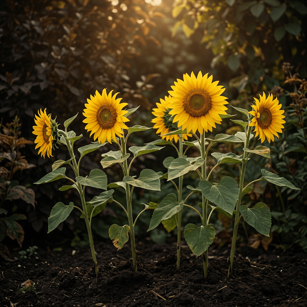 Sunflowers growing naturally in a moody garden
