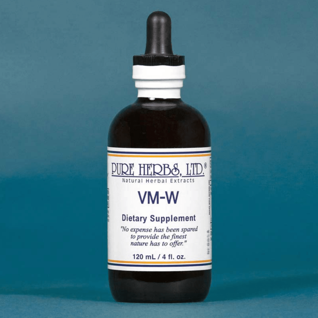 A 120 mL amber glass dropper bottle of Pure Herbs Ltd. VM-W dietary supplement, featuring a white label with blue and orange text, set against a solid teal-blue background.