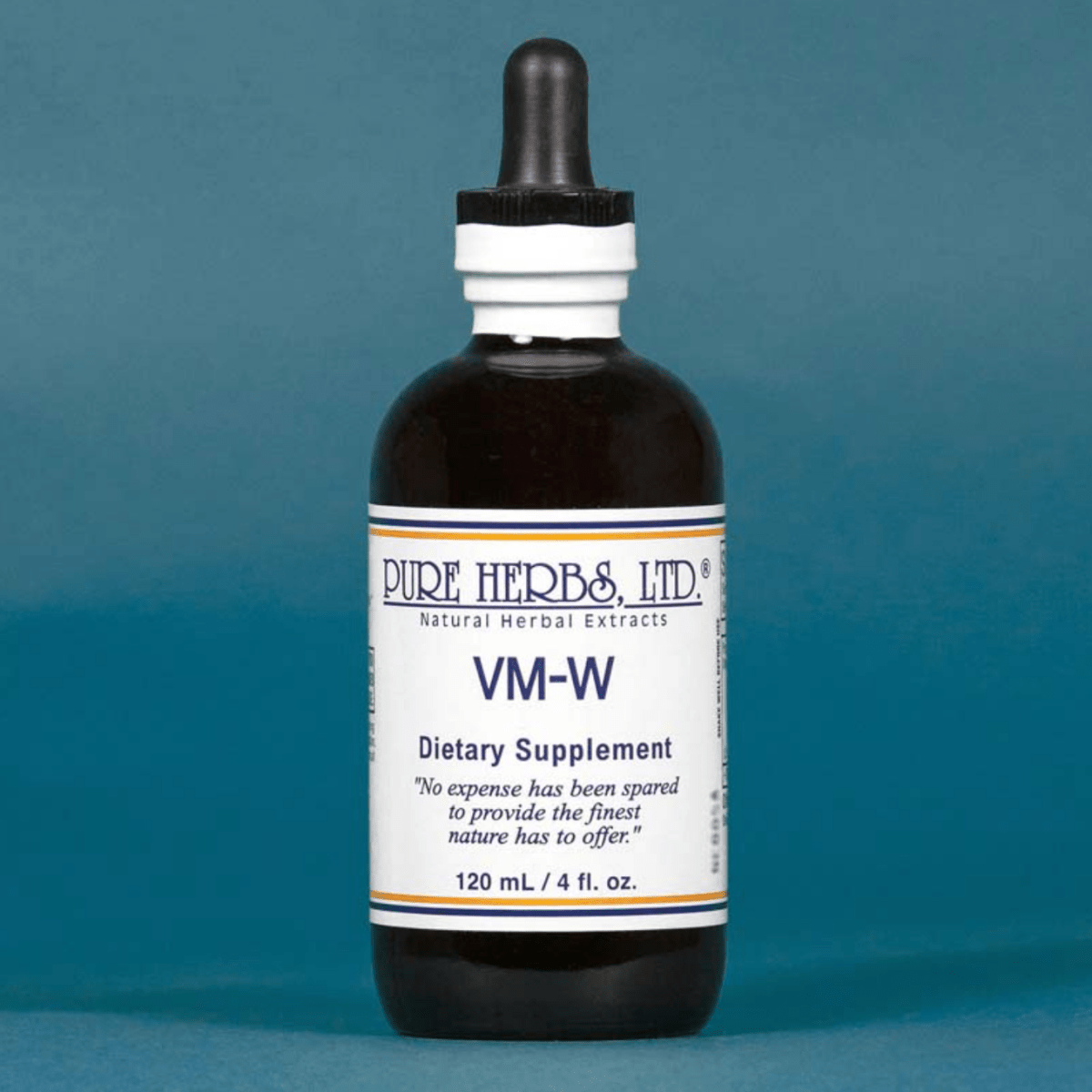 A 120 mL amber glass dropper bottle of Pure Herbs Ltd. VM-W dietary supplement, featuring a white label with blue and orange text, set against a solid teal-blue background.