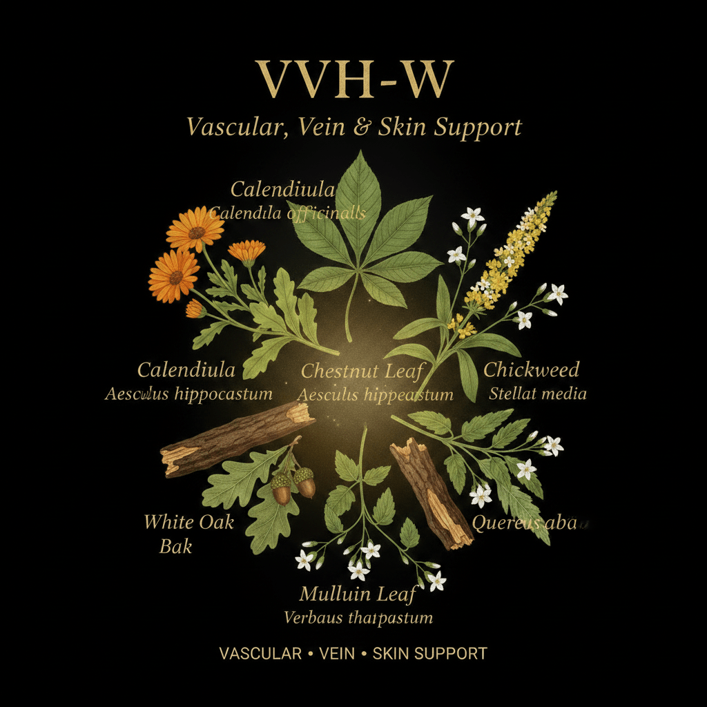 VVH-W – Vascular, Vein & Skin Support | Calendula, Chestnut Leaf, Chickweed, Mullein Leaf, White Oak Bark & Wild Rose Hips, Tincture, Futures ETC