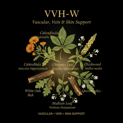 VVH-W – Vascular, Vein & Skin Support | Calendula, Chestnut Leaf, Chickweed, Mullein Leaf, White Oak Bark & Wild Rose Hips, Tincture, Futures ETC