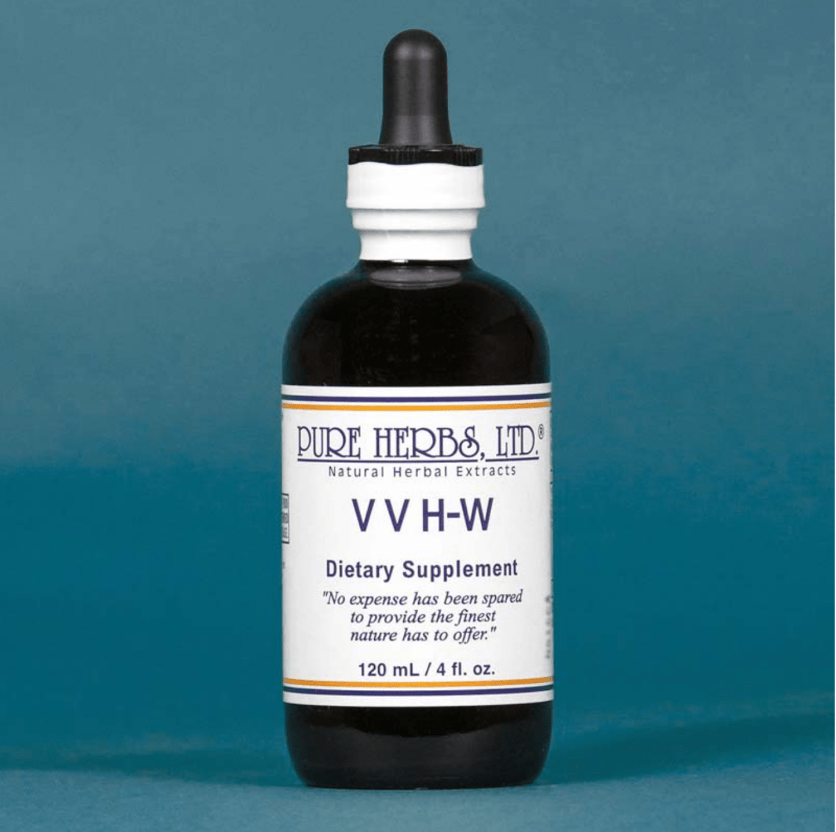 A dark amber glass dropper bottle of Pure Herbs Ltd. VVH-W dietary supplement, featuring a white label with blue text, set against a solid blue background.