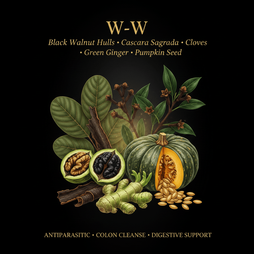W - W Benefits – Antiparasitic, Colon Cleanse & Digestive Support | Black Walnut Hulls, Cascara Sagrada, Cloves, Green Ginger & Pumpkin Seed, Tincture, Futures ETC