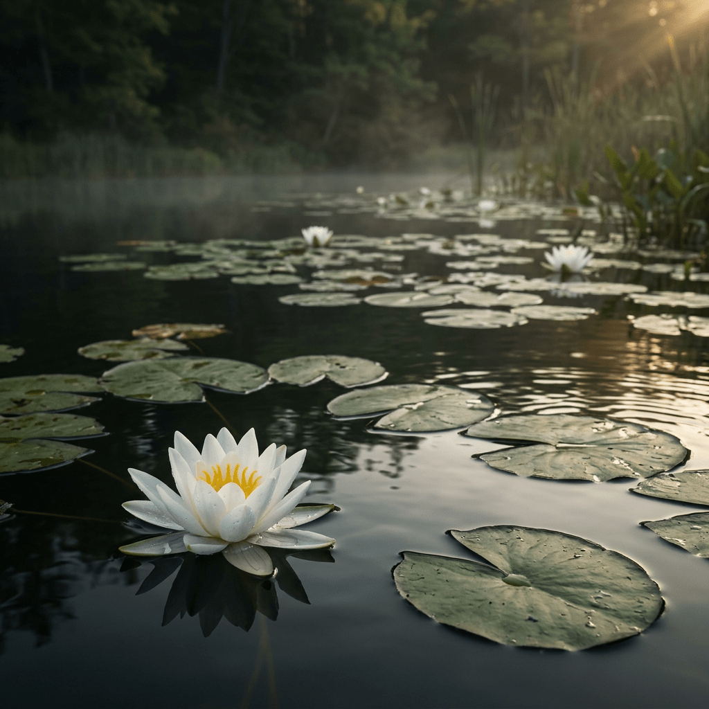 White pond lilies growing naturally on a moody pond