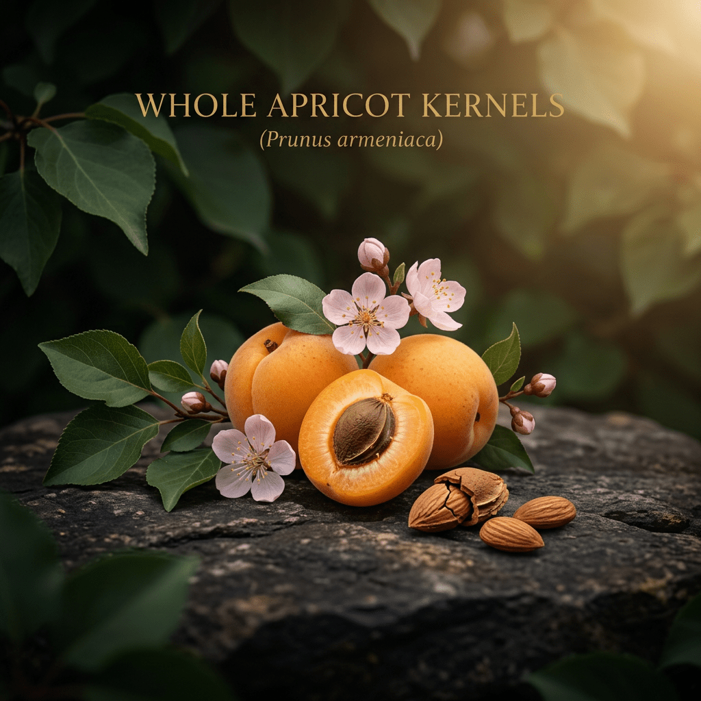 Whole apricot kernels editorial image in golden orchard light