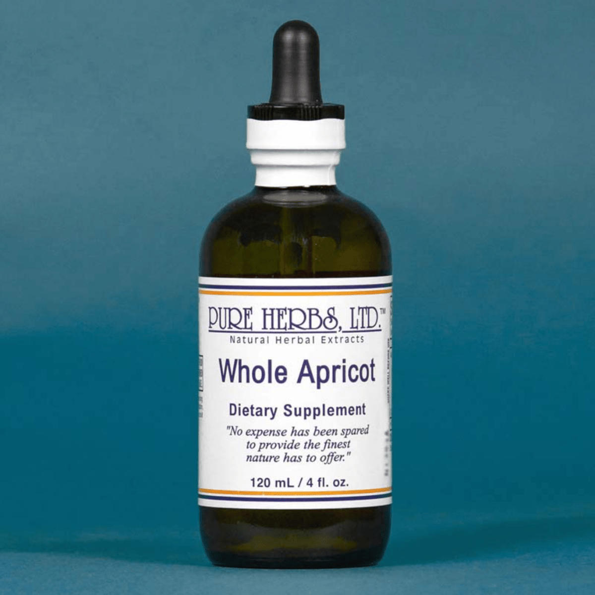 A 120 mL glass dropper bottle of Pure Herbs Ltd. Whole Apricot dietary supplement, featuring an olive green glass body, white label, and black dropper cap, set against a solid teal-blue background.
