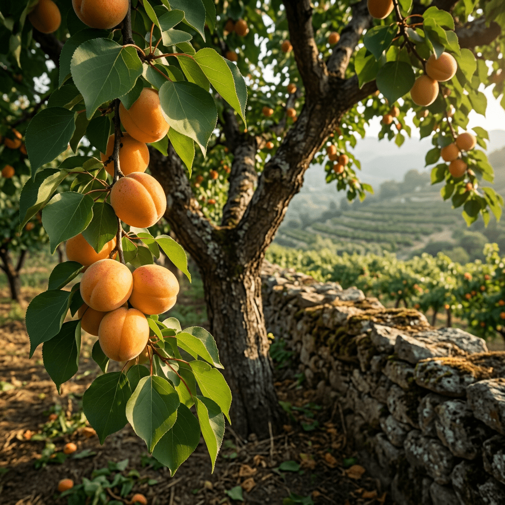 Apricots growing in a golden-lit orchard