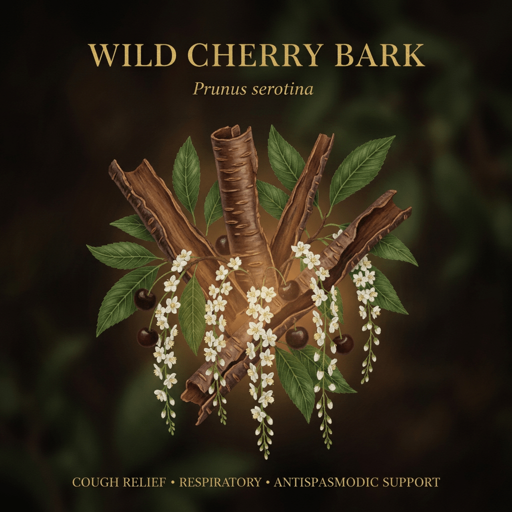 Wild cherry bark botanical editorial image with gold serif text