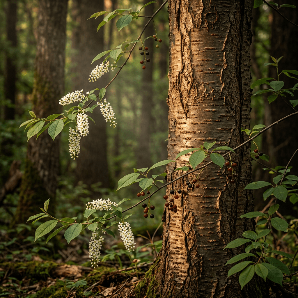 Wild cherry growing naturally in a moody woodland