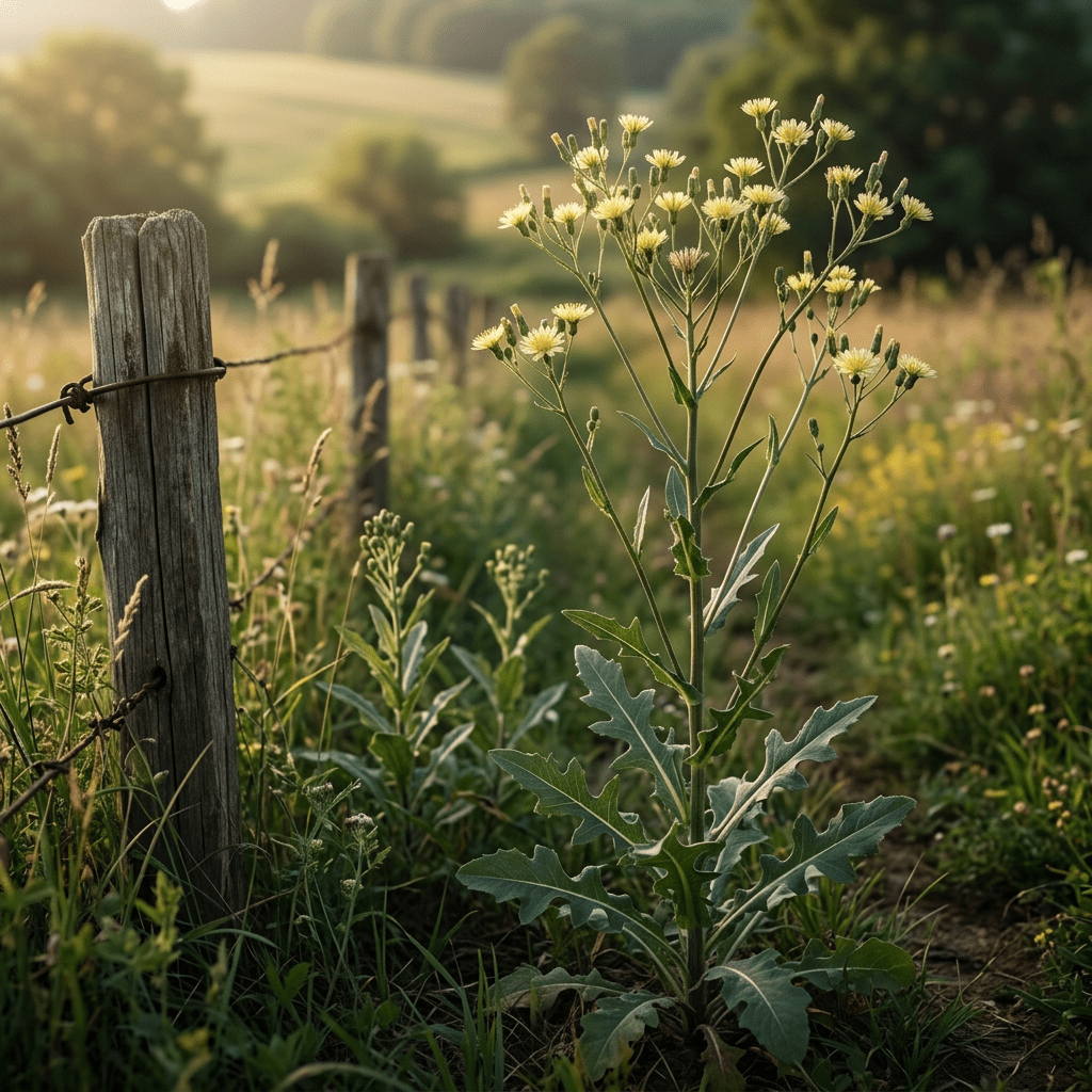 Wild lettuce growing beside a weathered meadow fence